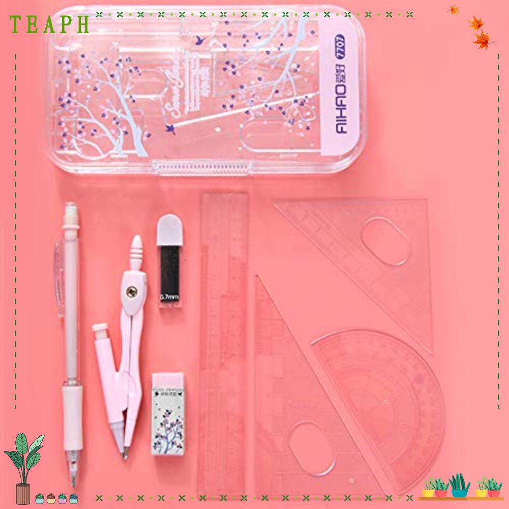 TEAPH 8 Pieces Metal Geometry Set, Pink Compass Math Compass, Pencils