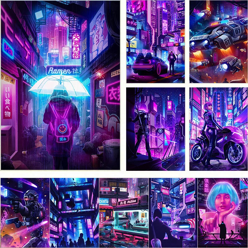 Neon Design Japan City Sexy Woman Motorcycle Poster Canvas Painting Wall Art For Living Room