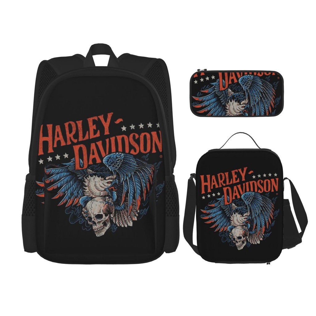 Harley Davidson 3 Pieces Set Backpack Set with School Book Bag Lunch Box Pencil Case for Boys and Girls