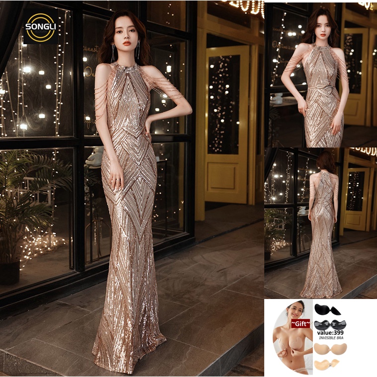 Popular trade new women's clothing, slim temperament sequined split tail evening dress, reception banquet suspender skirt