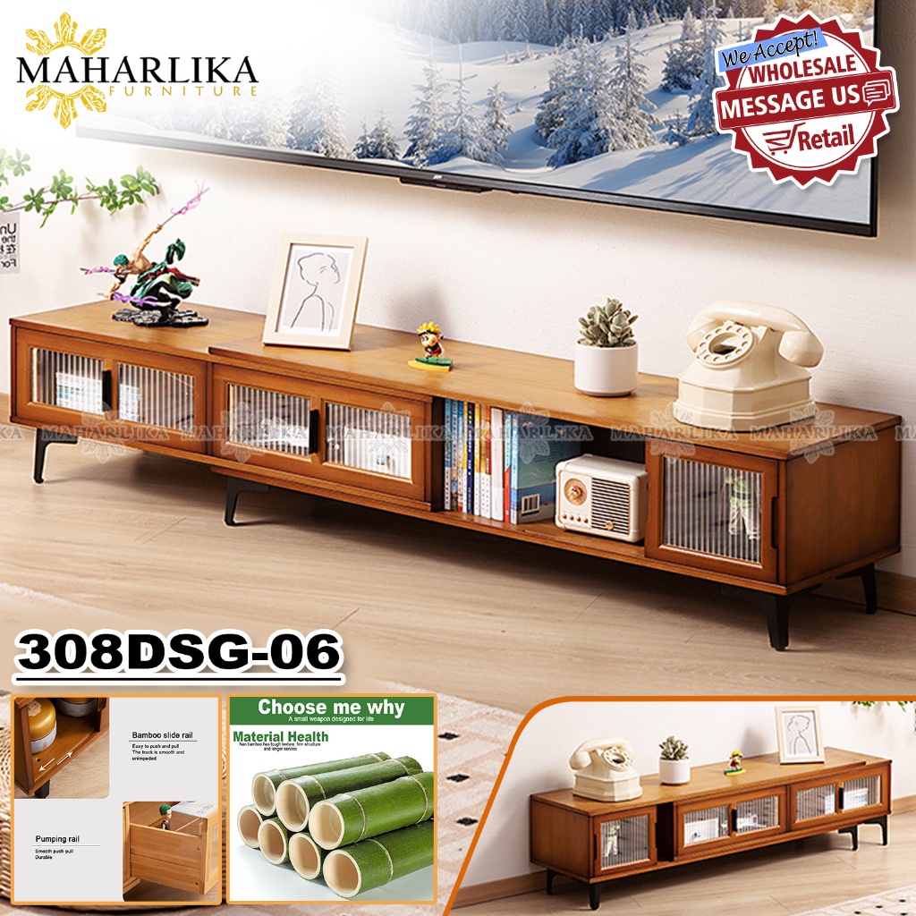 ♞Maharlika 308DSG TV Stand Table TV Rack Storage Cabinet Bamboo Wooden ...