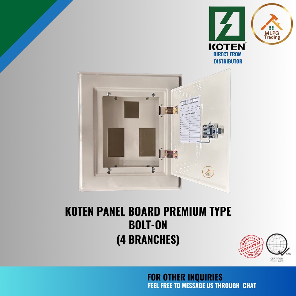 KOTEN Panel Board PREMIUM TYPE for BOLTON (2 Pole) (4, 6, 8, 10, 12, 14, 16, 18 Branches