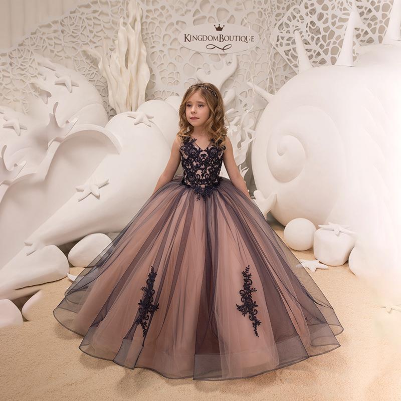 Elegant Polka Dot Tulle Puff Sleeve Sweep Train First Communion Flower Girl Dress