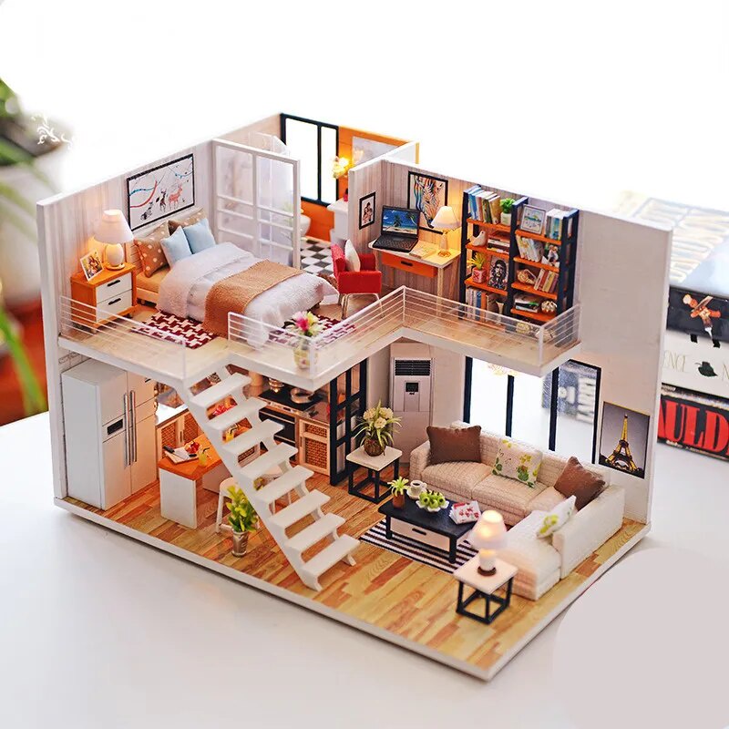 Assemble DIY Wooden House Dollhouse kit Miniature Doll Houses toys With ...