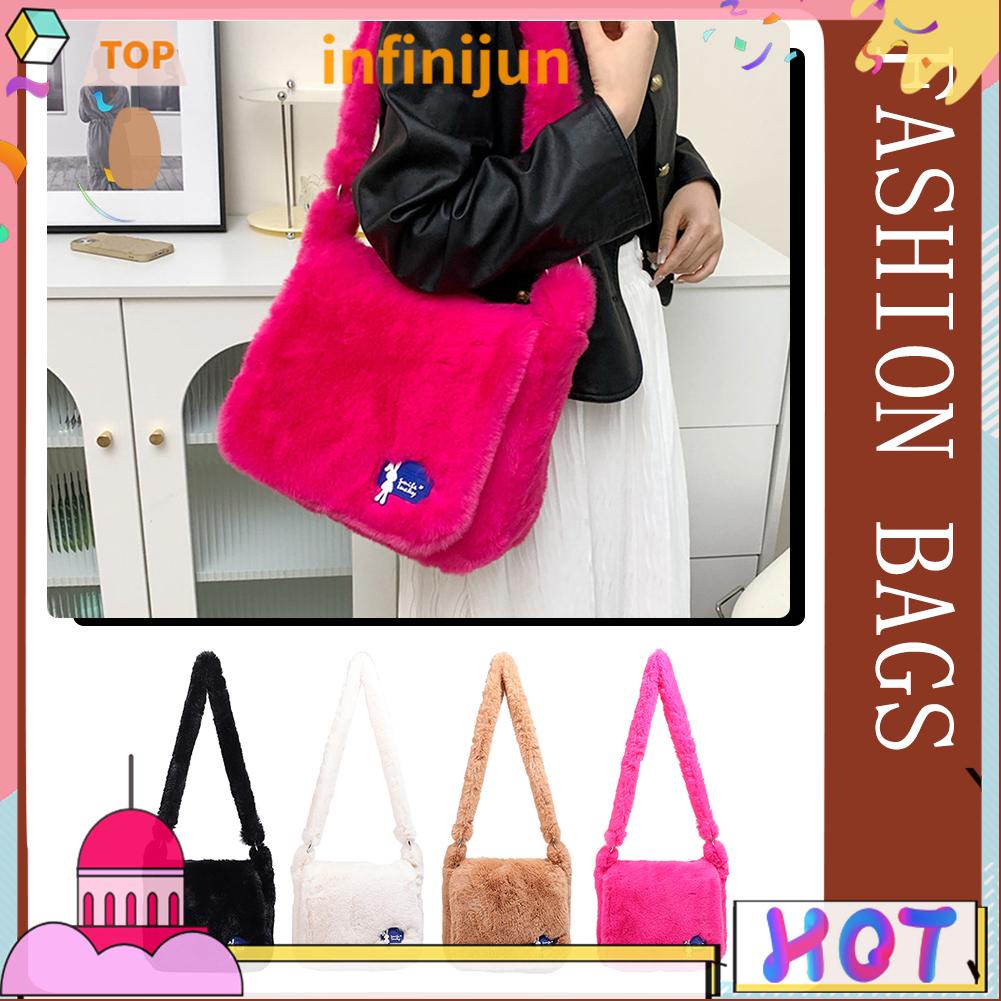 [infinijun.ph] Women Faux Fur Satchel Bag Soft Fuzzy Messenger Bag