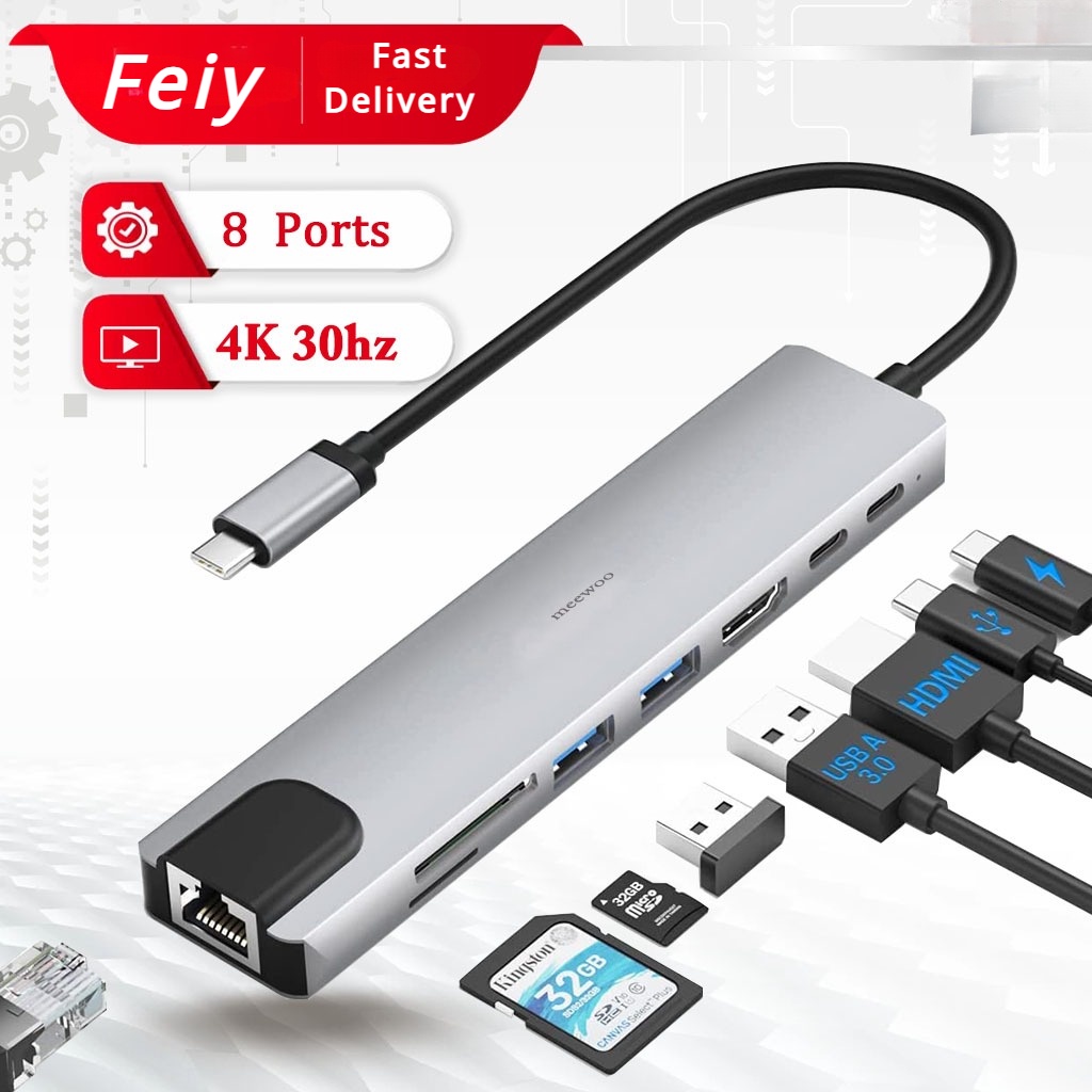 8In1 Type C USB C Hub With 4K HDMI UHD Video OTG Hub Multi-port Adapter ...