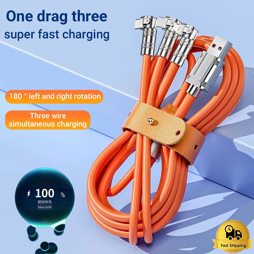 charger cable 3 in 1 Rotating head 120W Fast Cable USB Charging Cord