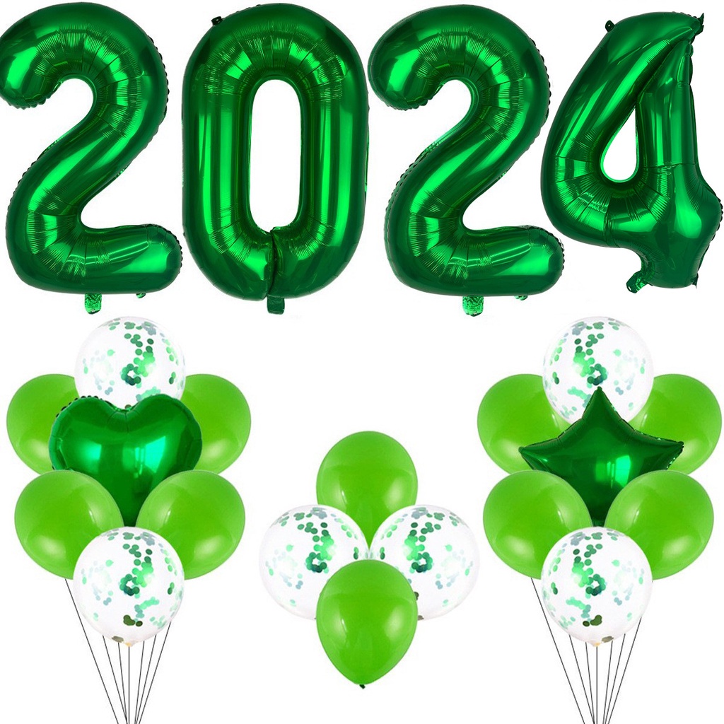 Gold Black Green 2024 Number Foil Balloons Happy New Year Banner