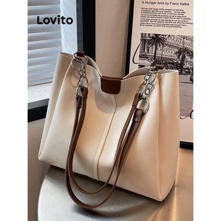 Lovito Women Casual Plain High Capacity Commuting Textured Shoulder Tote Bag LFA04285 (Brown/Off White/Black)