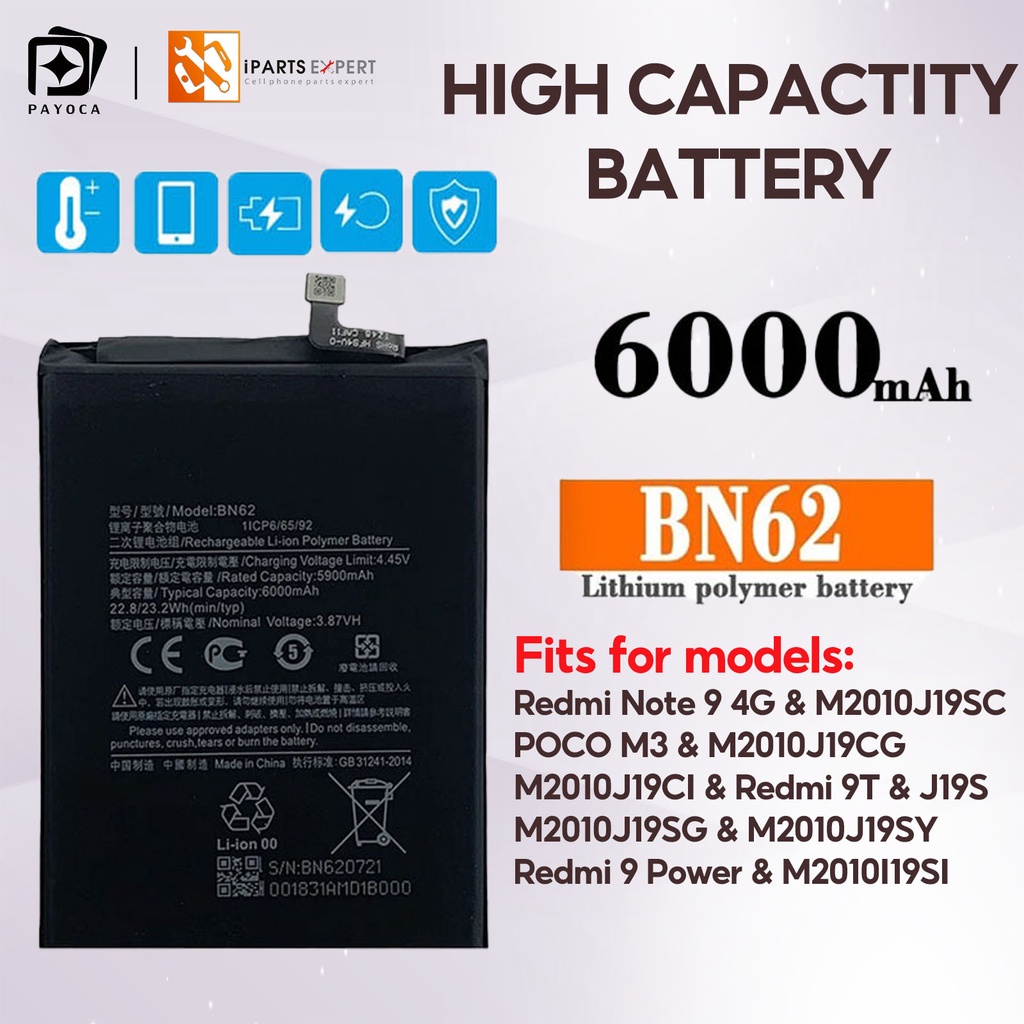 Ipartsexpert Bn62 6000mah Phone Battery For Xiaomi Poco M3 Redmi Note 9 4g 9t Replacement 8017