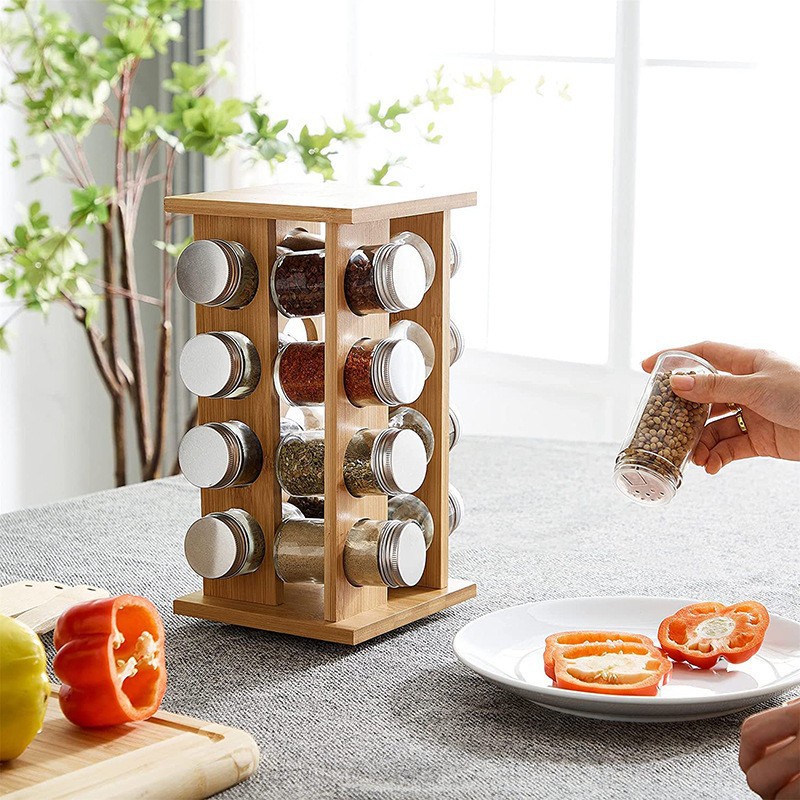 otating Round Bamboo Countertop Spice Rack, |16 glass jars and lids ...