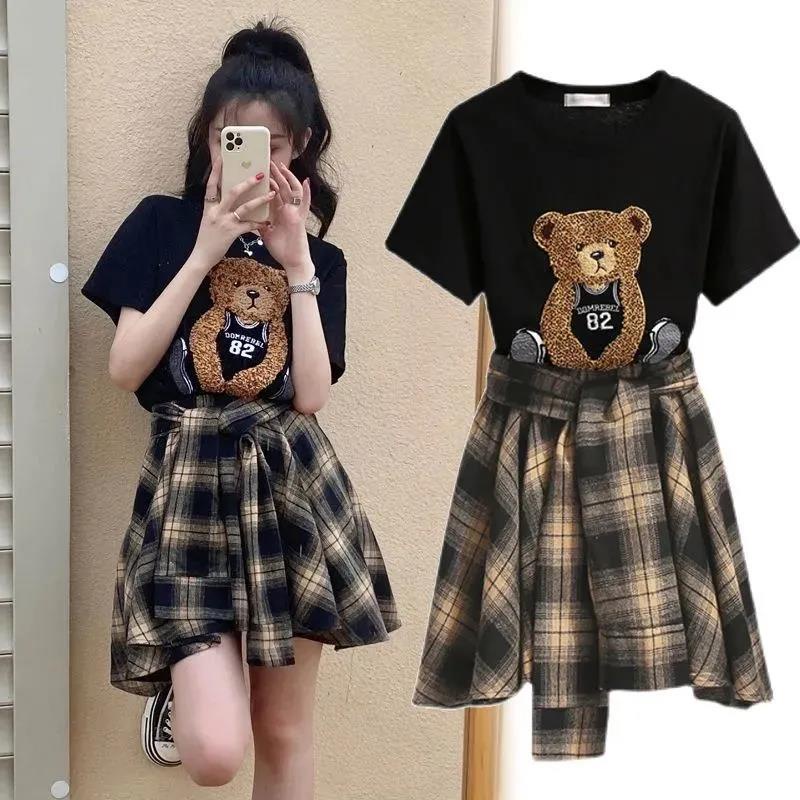 Preppy Cartoon Bear Print Sweater Split Skirt Two Piece Set