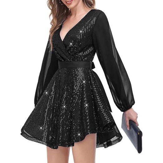 Yxl Womens Sparkly Sequin Dress Lantern Long Sleeve V Neck Cocktail Party Short Dress With Belt