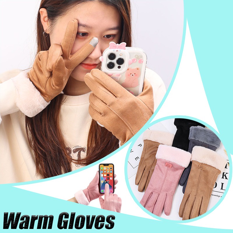 Double Thick Velvet Plush Women Touch Screen Gloves / Women's Suede