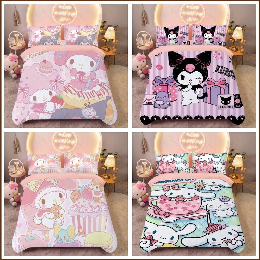 Squar1 Sanrio Kuromi Melody Cinnamoroll 3in1 Bedding Set Bed Sheet 