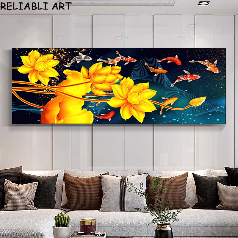 Modern Koi Fish Lotus Animal Canvas Painting Gold Lotus Flower Wall Art ...