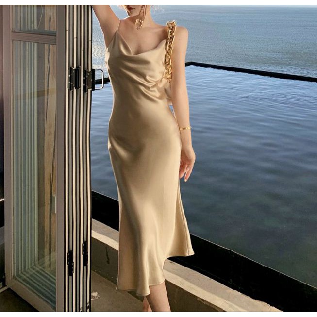 Champagne Color Swing Collar Sling Dress Women Dressing Robe Bride ...