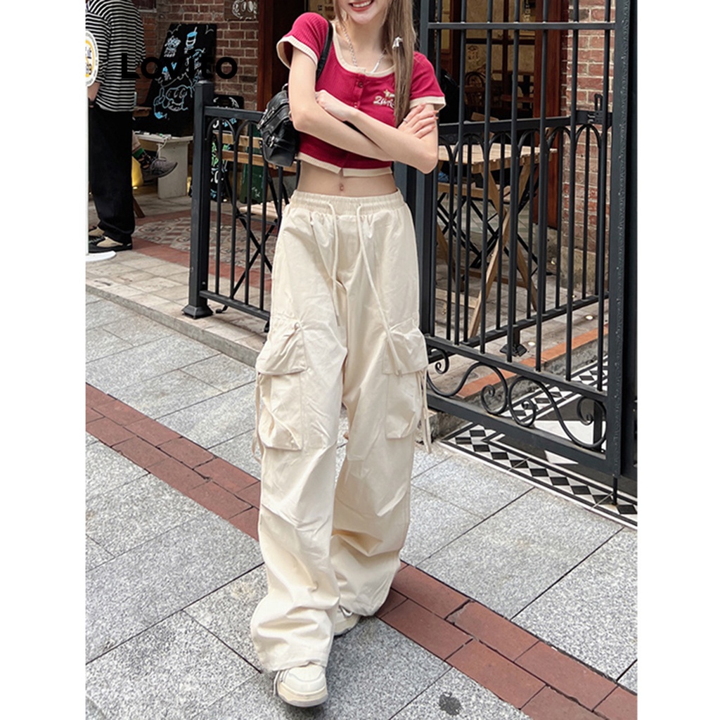 Lovito Women Drawstring Pocket Cargo Pants Y2K American Style Pants ...