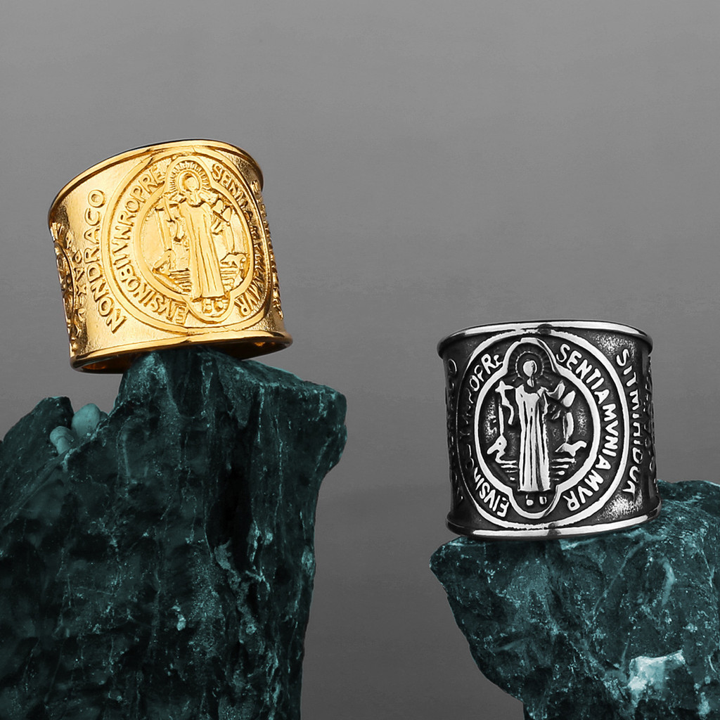 St Benedict Exorcism Ring Stainless Steel Catholic Roman Cross Demon ...
