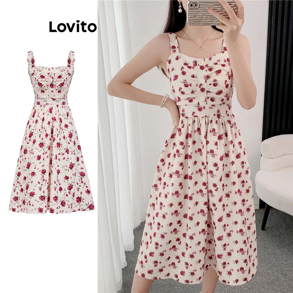 Lovito Women Boho Plain Ruched Button Pattern Dress L83ED087 | Shopee ...