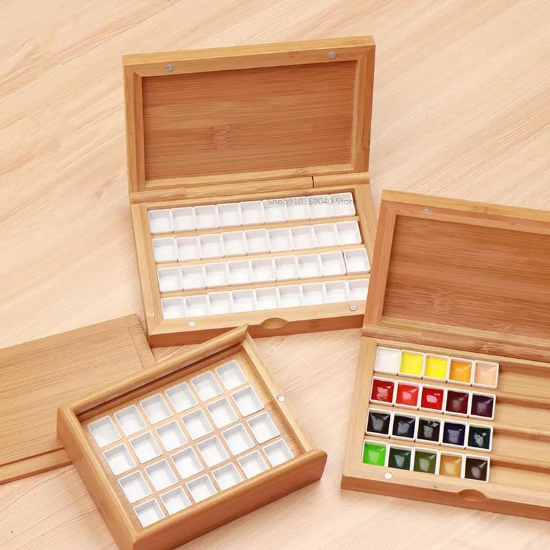 Empty Bamboo Paint Palette with Lid Portable Watercolor Paint Tray