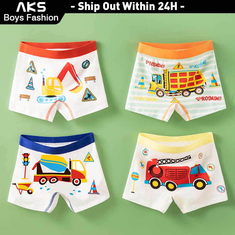 AKS Fashion Kids Boxer Underwear for Boys 9 Yrs Old Cotton Engineer Vehicle  Pattern Boxer Underware for Kids Boys 18-48kg 4 Pcs Set