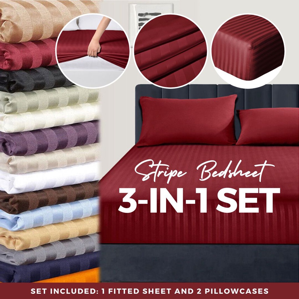[ COZYSPOT 3in1 Canadian Cotton Set Bedsheet Plain Stripe Fully