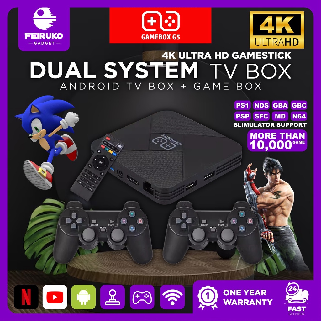 GAME BOX G5 + Android tv box With 2 in 1 Wireless Controller Gaming Console  4K HD 10000+ Retro Games | Shopee Philippines