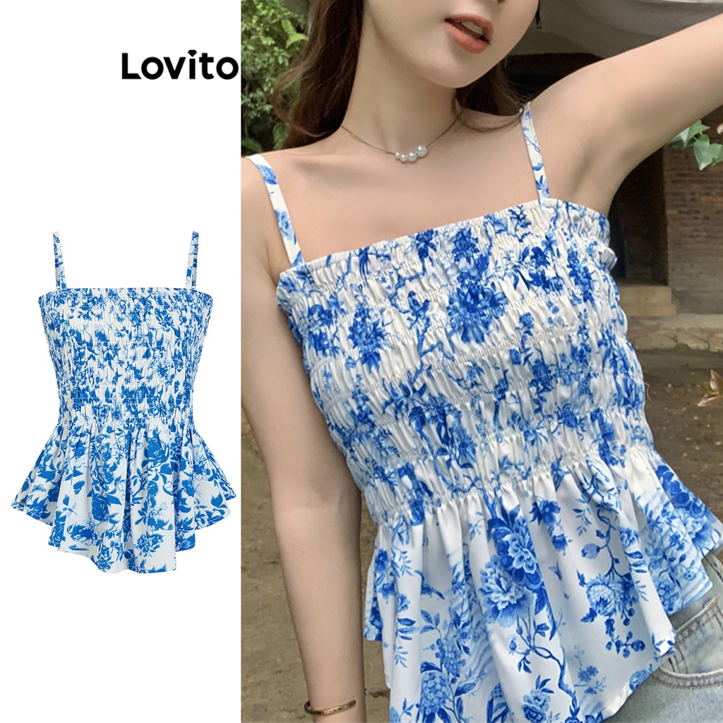 Lovito Women Casual Ditsy Floral Smocked Ruffle Hem Tank Top L71ED065 ...