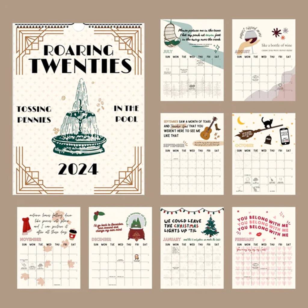 Year of 2024 Roaring Twenties Calendar Date Recording 12 Monthly Plan