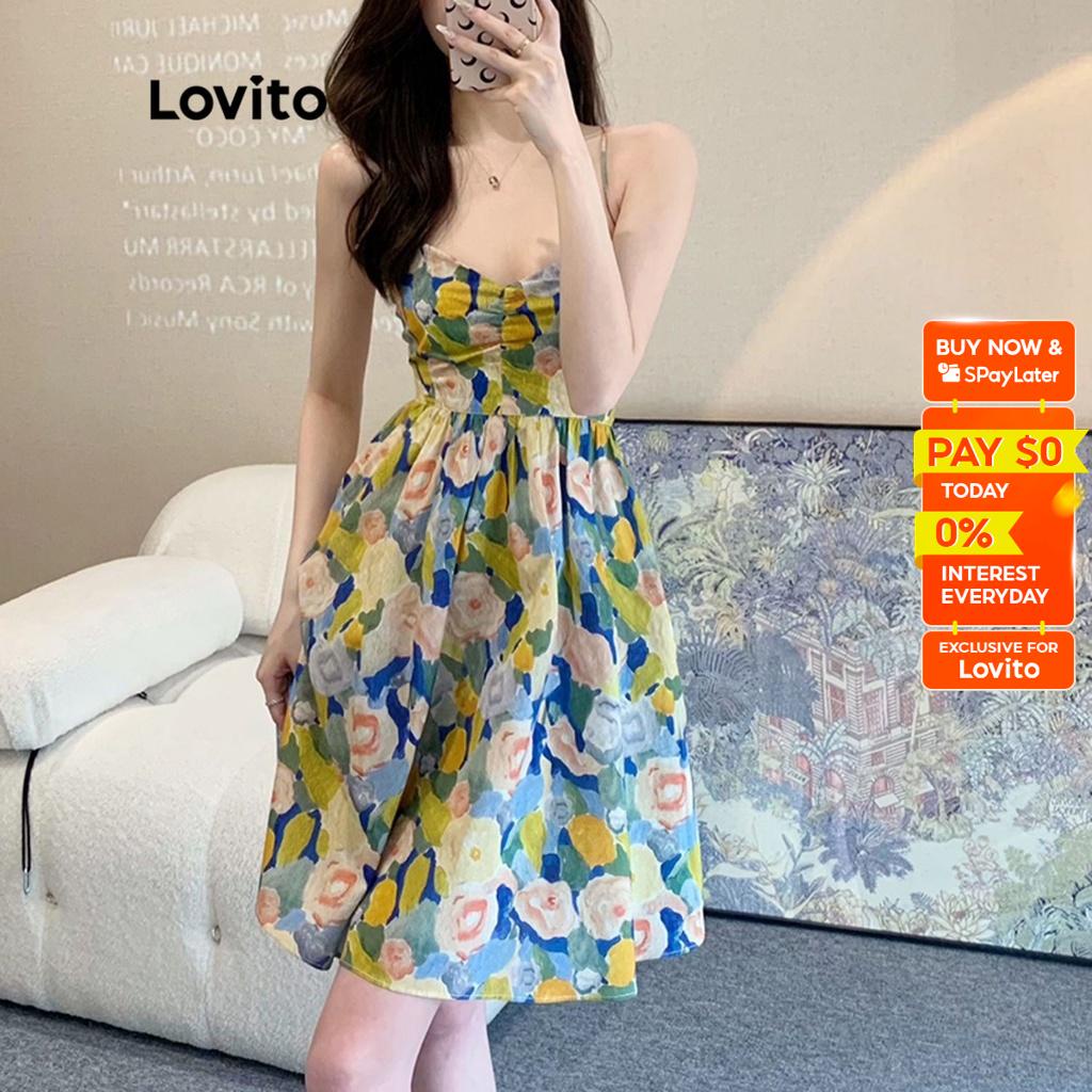 Lovito Elegant Floral Pattern Tie Back ALine Mini Sleeveless Dress for