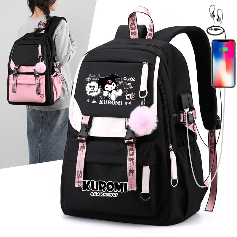 Kuromi Bookbag with USB Charger Port Student Casual Laptop Bag Cute ...