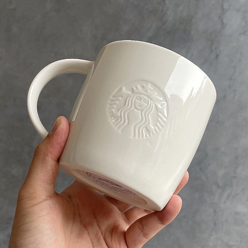 Starbucks Cup Embossed Mug White Ceramic Cup Classic Starbucks Coffee Cup  Simple Water Cup