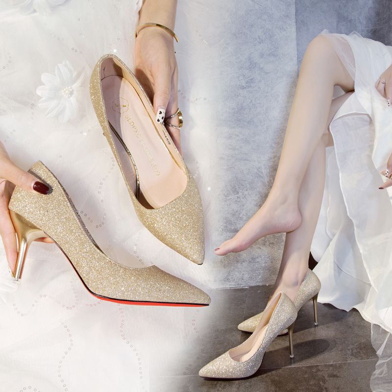 Evening Dress High Heels for Girls 2022 New Gold Thin Heel Autumn and Winter 18 Years Old Tip in Silver Rhinestone Wedding Shoes