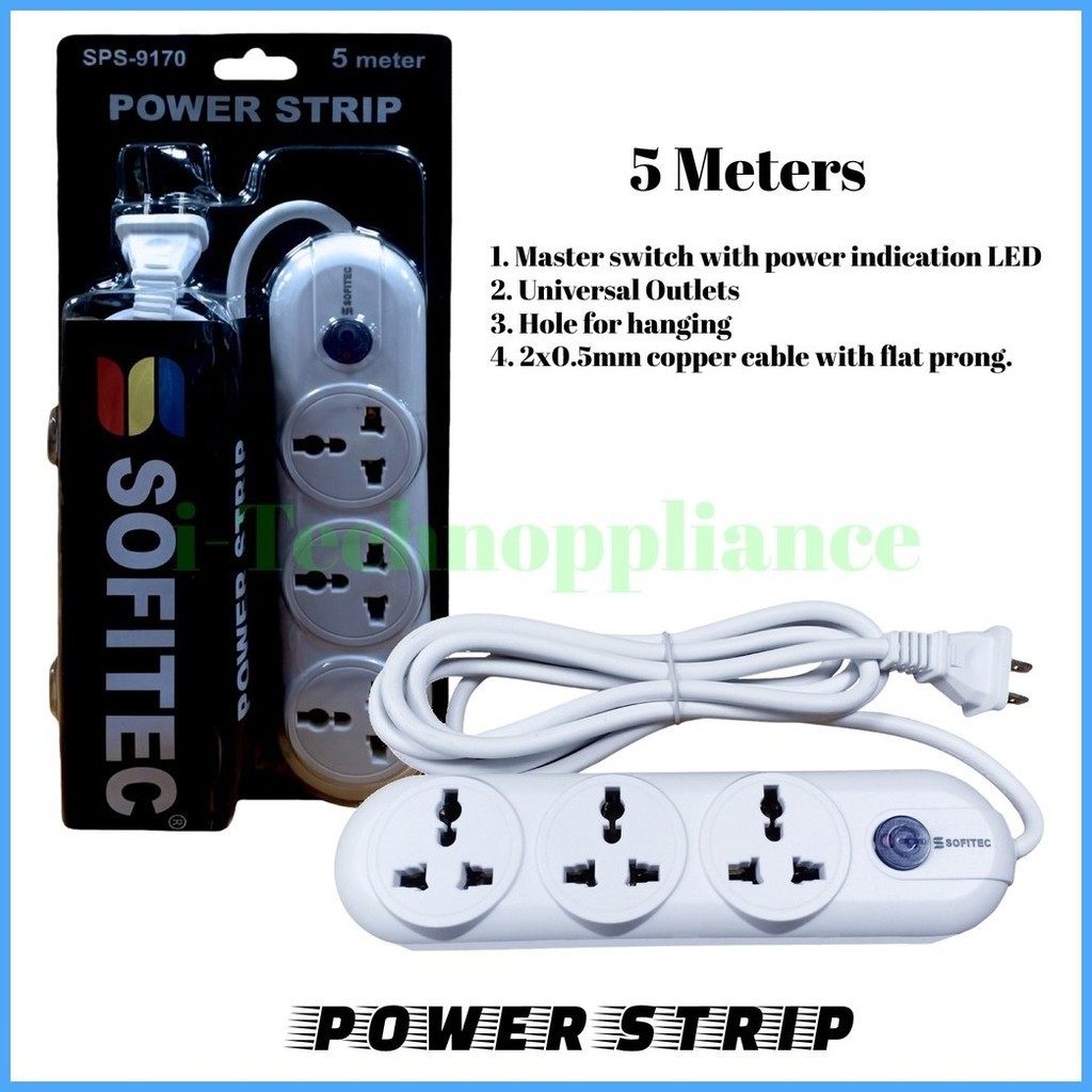 ♨ 5Meters Universal Extension Box Sofitec Multi Socket Power Board SPS9170 (3 Sockets) Shopee