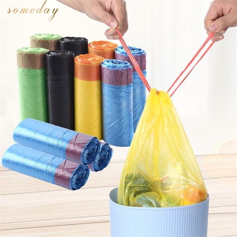 15Pcs/Roll Drawstring Garbage Bag Thickened Automatic Closing Kitchen ...