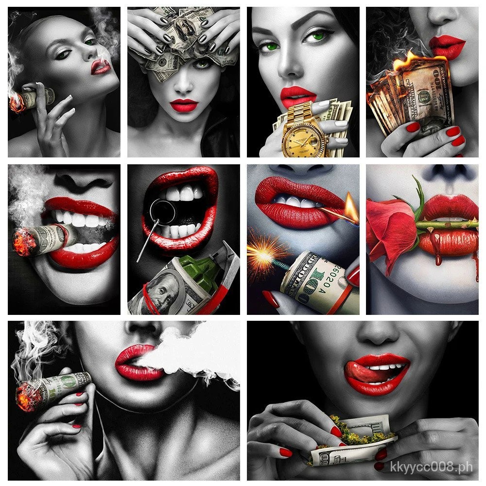 Black White Sexy Woman Smoking Red Lips Dollar Watch Wall Art Poster ...