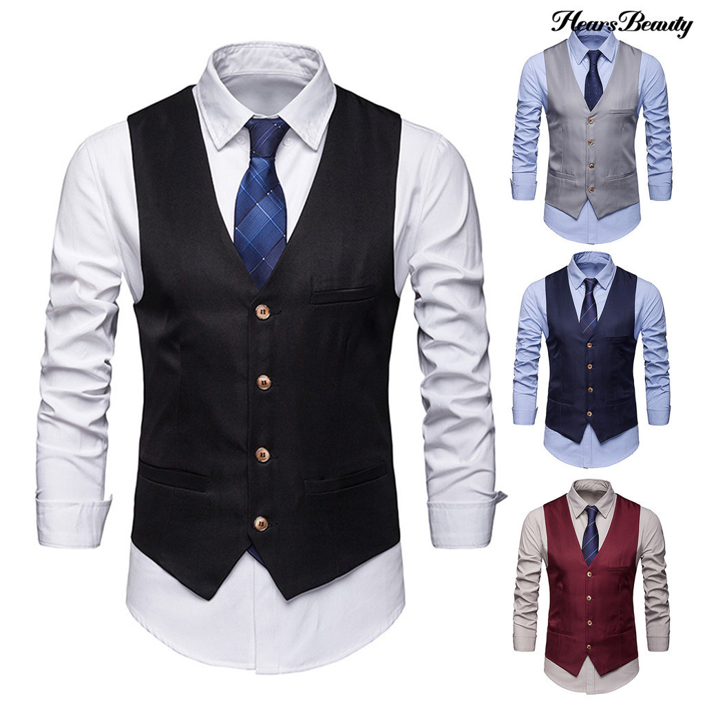 [HB]Men Suit Vest Formal Business Style Sleeveless V Neck Slim Fit ...