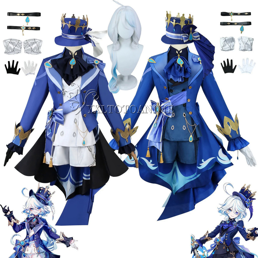 Anime Game Genshin Impact Focalors Cosplay Furina Hat Wig Hair Full Set ...