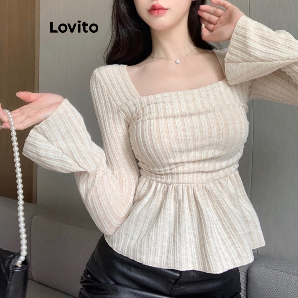 Lovito Women Casual Plain Ruched Square Neck T-Shirt LNE29197 (Apricot ...