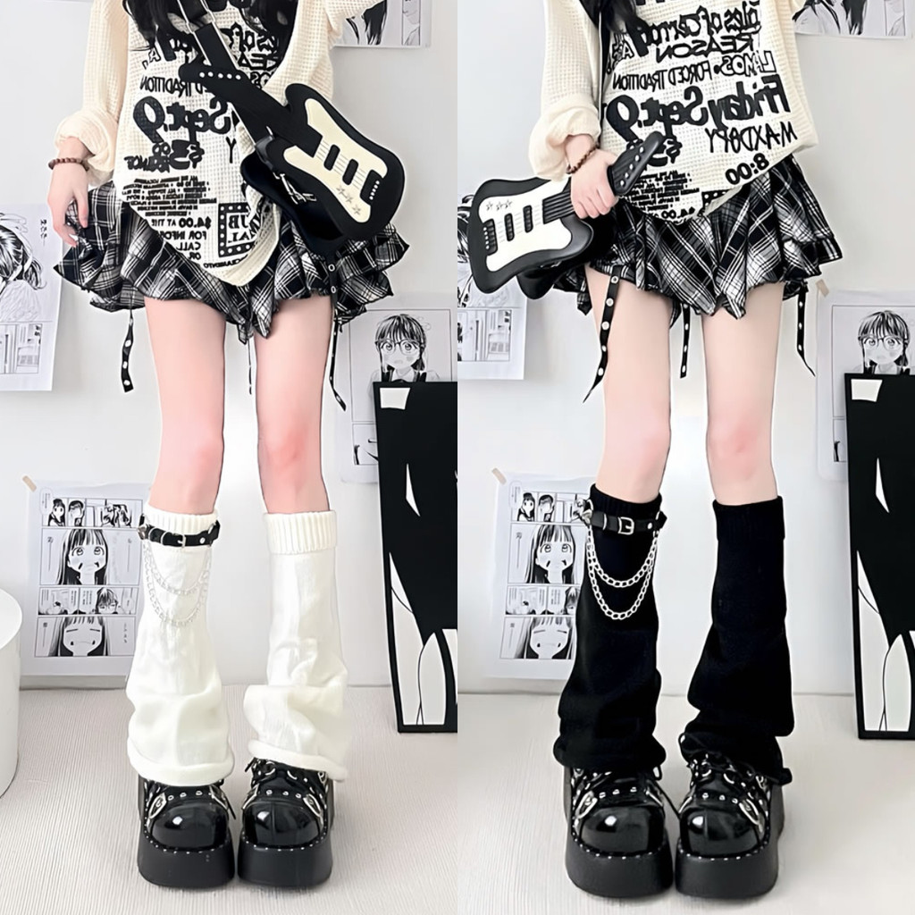 Love Chain Leather Buckle Knitted Wide Leg Socks for Women Y2k ...