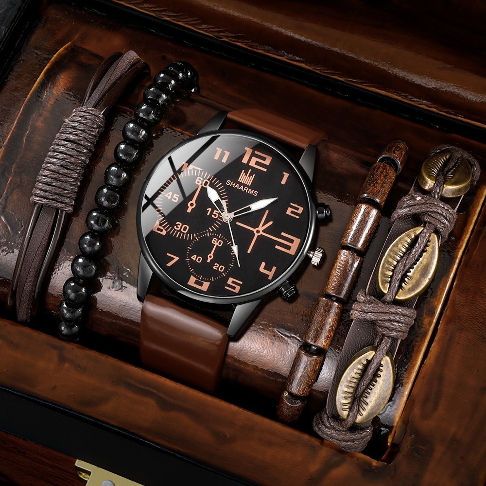 Kegllect 5PCS Men Quartz Watch Set Fashion Watch Round Dial Leather ...