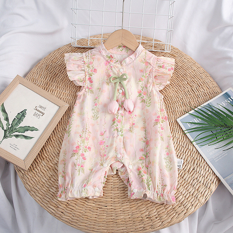 Baby Girl Sakura Pattern Solid Color Cheongsam Bodysuit