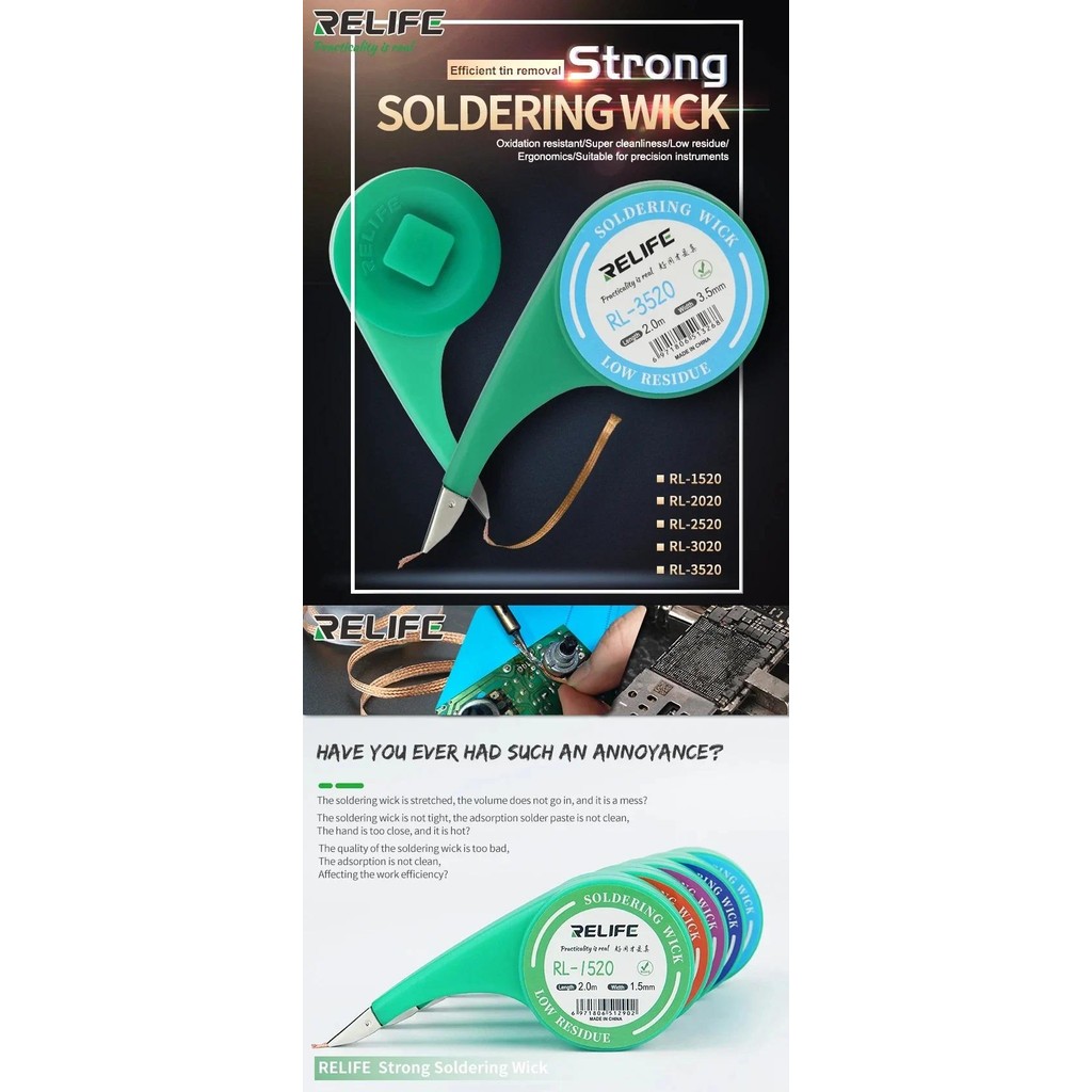RELIFE Solder Wick No-Clean Copper Desoldering Braid Low Residue Tin ...