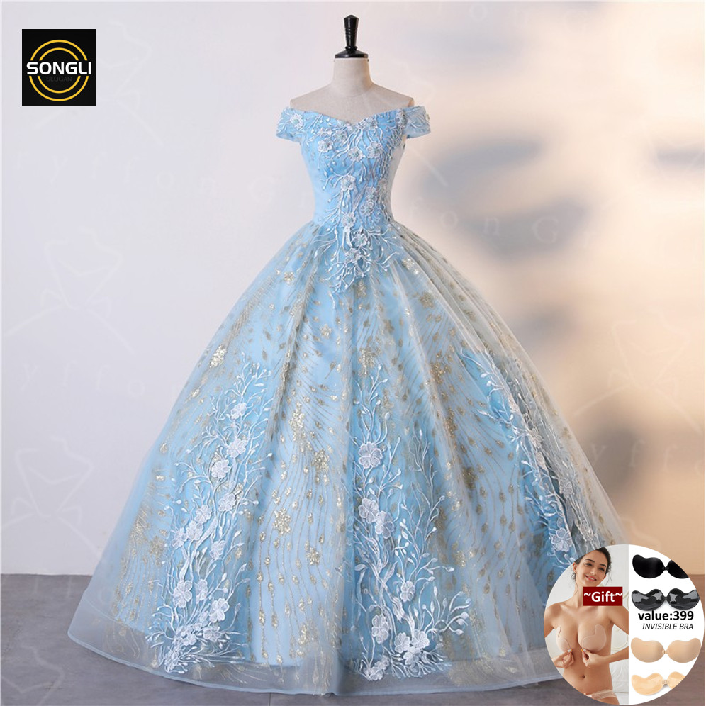Light blue ball gown adult princess dress lace prom dress shiny sequin evening dress maxi dress