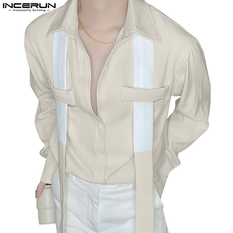 INCERUN Men Korean Fashion Patchwork Ribbon Long Sleeve Design Shirts ...