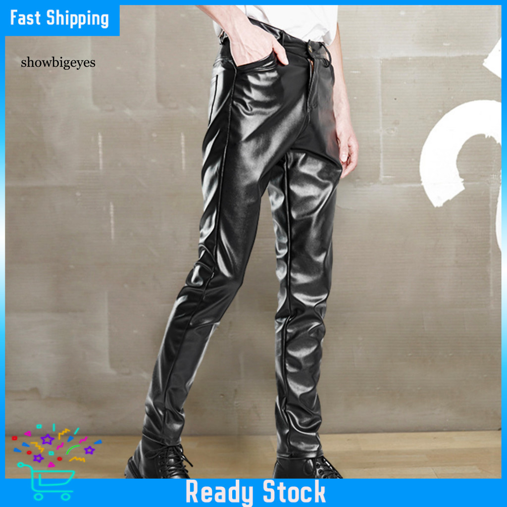 SGES Glossy Men Faux Leather Pants Solid Color Men Pants