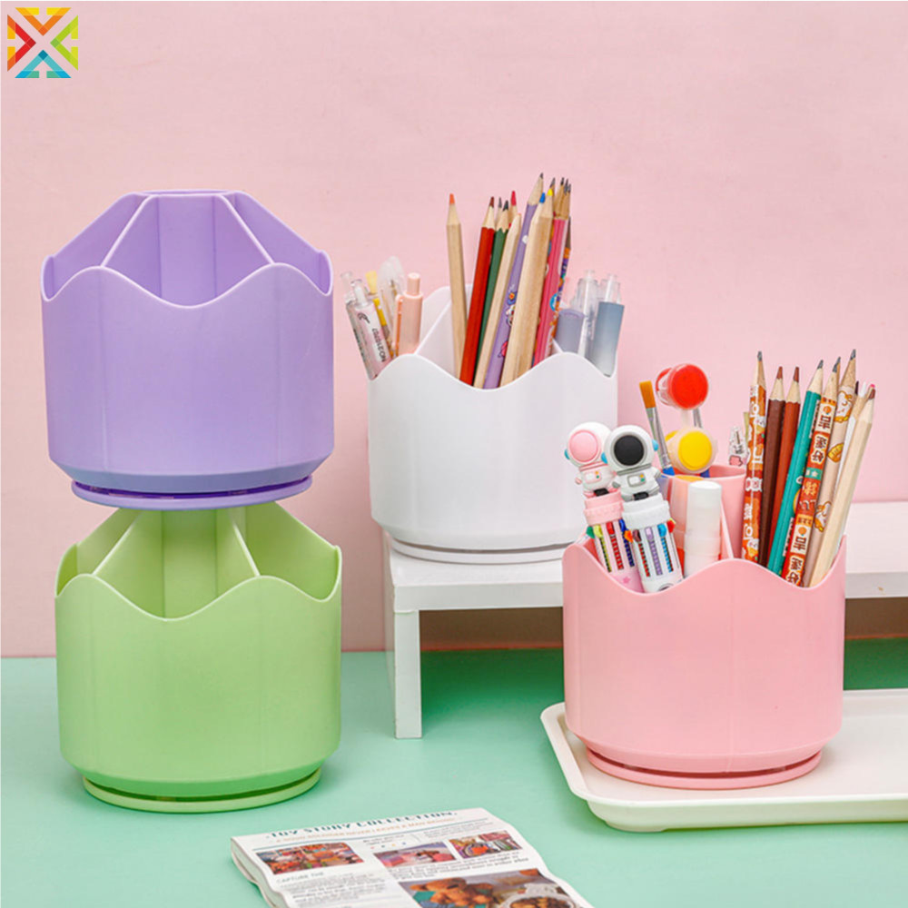 360 Rotating Pen Holder Large Capacity Solid Color Pencil Storage Box ...
