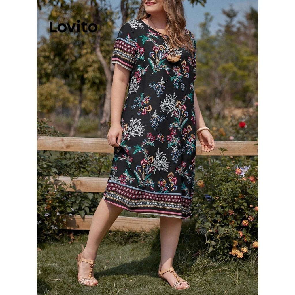 Lovito Women Plus Size Curve Boho Tribal Print Fabric Stitching Dress Lsl01021 Shopee Philippines