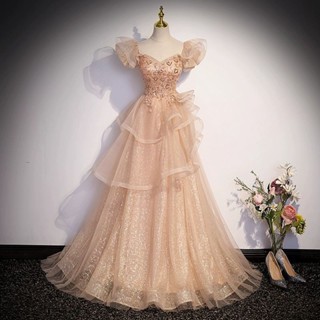 Hawlife Korean Champange Puff Sleeve Elegant Fairy JS Prom Evening Ball ...